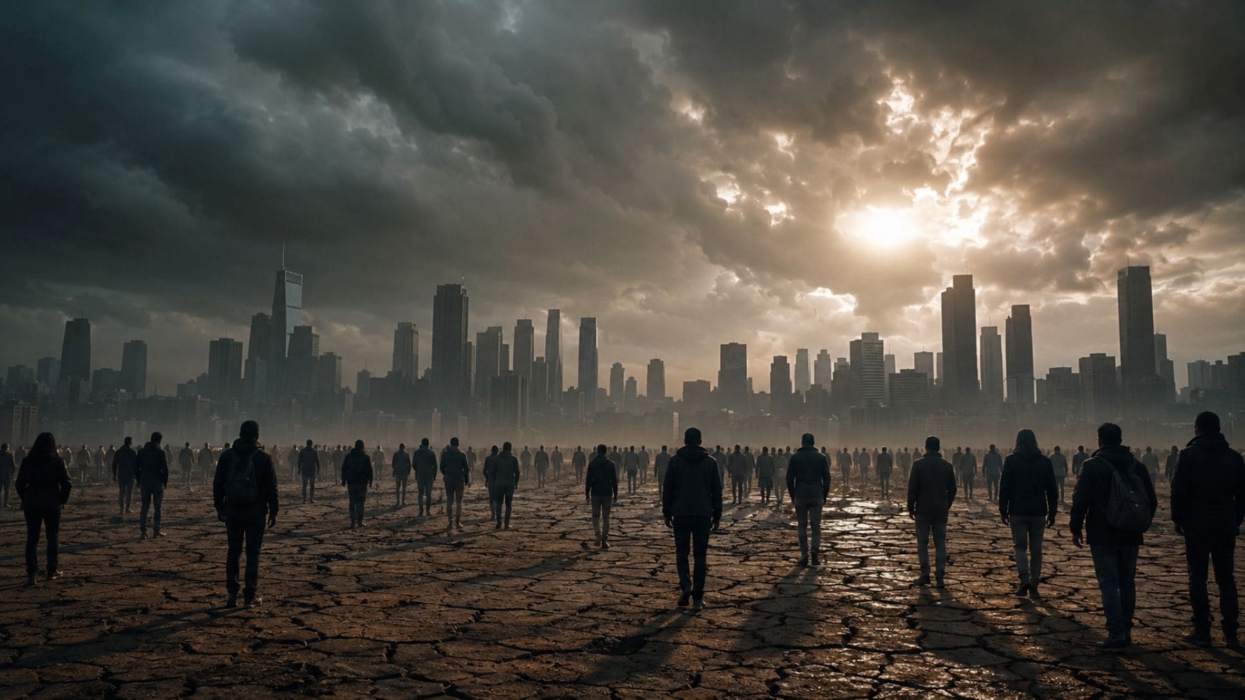 Miles de personas frente a una gran ciudad en un escenario de crisis global relacionado con el posible colapso demográfico previsto para 2064.