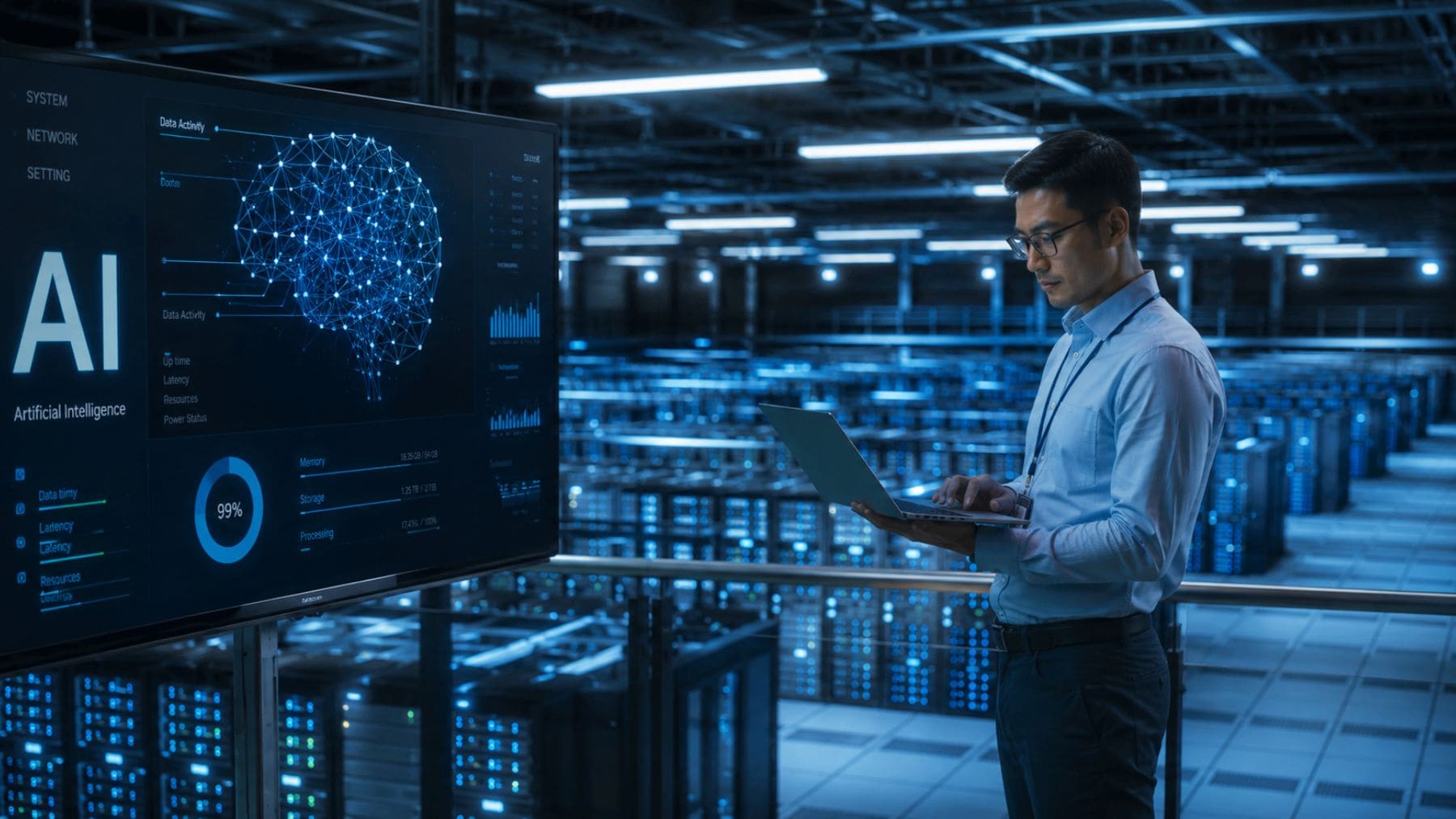 Centro de datos con servidores de inteligencia artificial y sistema que representa la mejora de eficiencia de los modelos de IA.