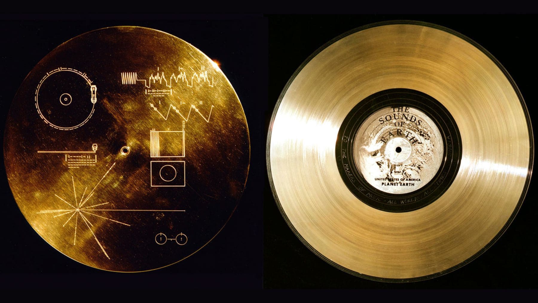 Disco de Oro de las sondas Voyager con las instrucciones grabadas en su cubierta diseñado por Carl Sagan para la NASA.
