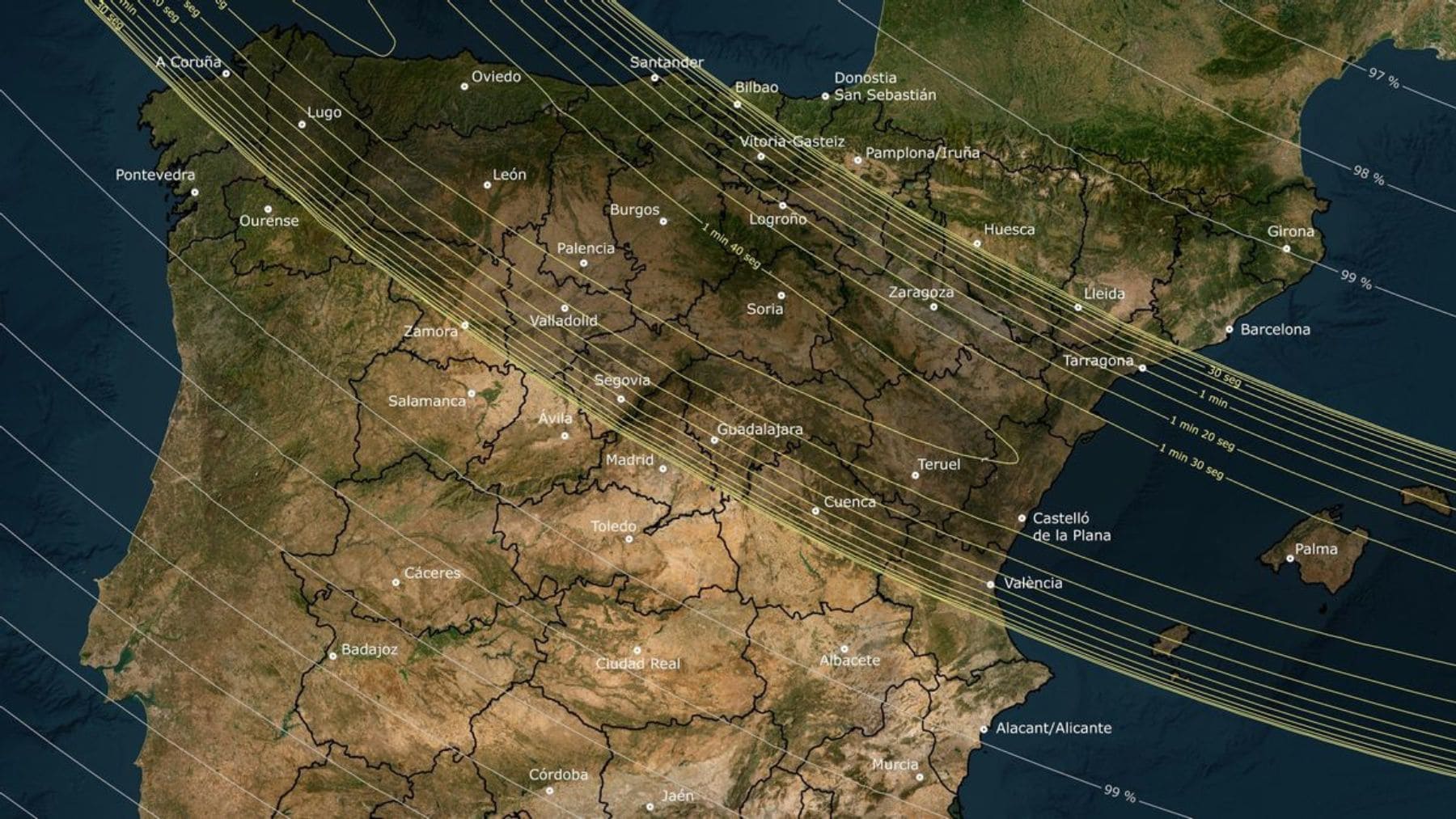 Mapa oficial del eclipse solar total del 12 de agosto de 2026 sobre España con León, Palencia y Burgos en la zona de totalidad.