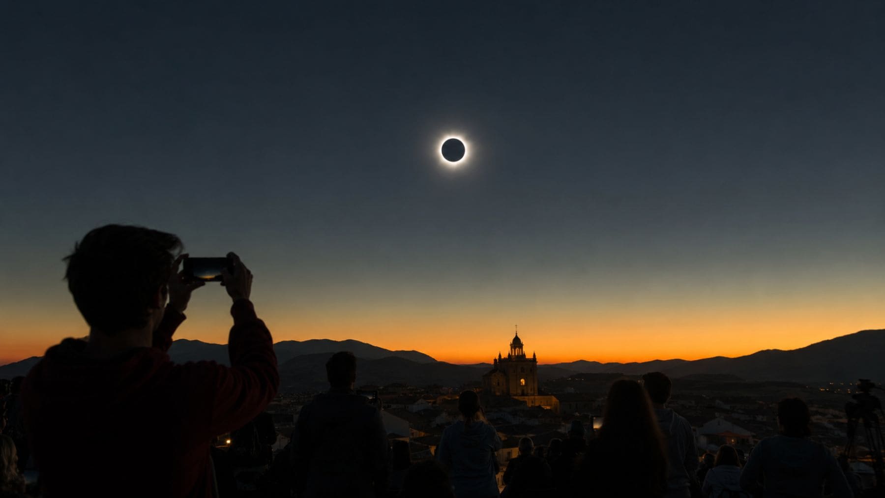 Eclipse total de Sol del 12 de agosto de 2026 visto desde España con el cielo oscurecido y observadores fotografiando el fenómeno.