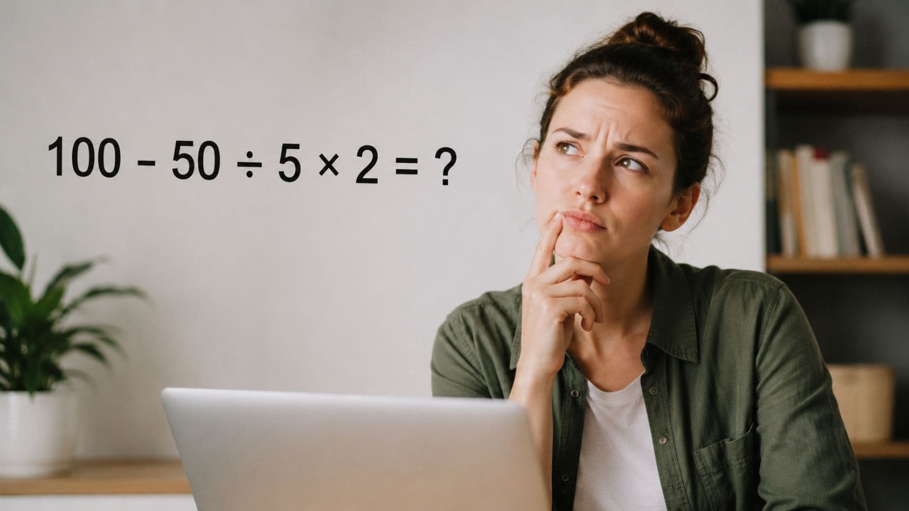 Persona intentando resolver la ecuación matemática 100 - 50 ÷ 5 × 2 que se ha hecho viral en redes sociales.