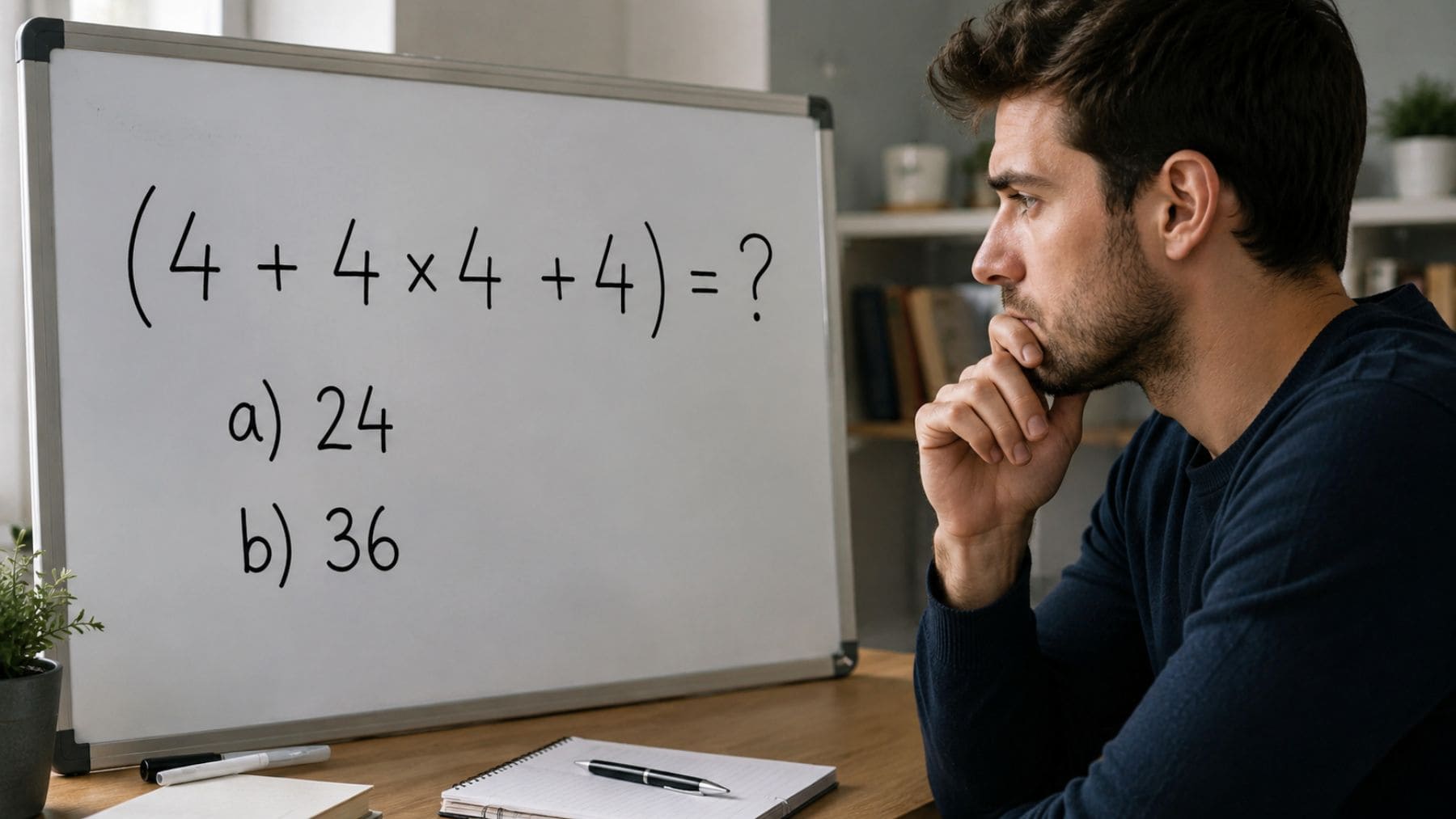 Hombre pensando frente a la ecuación matemática 4 + 4 × 4 + 4 escrita en una pizarra blanca