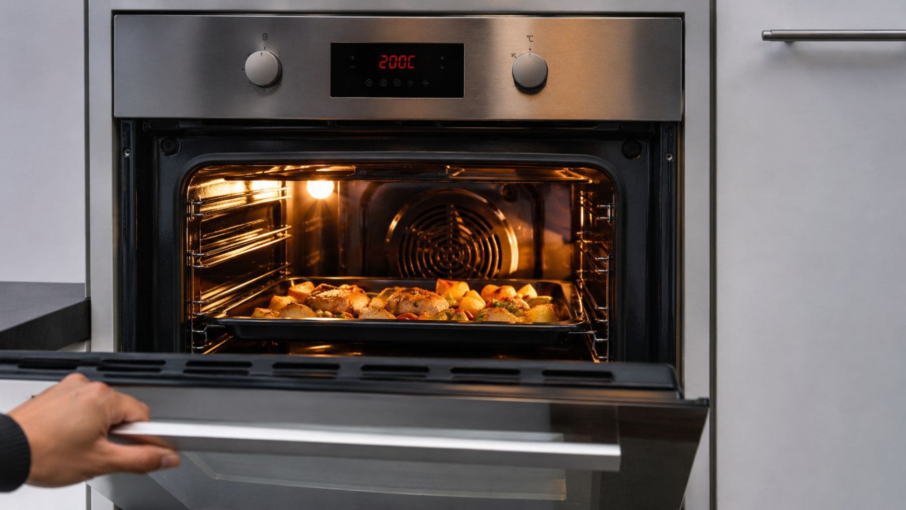 Horno eléctrico doméstico abierto cocinando alimentos en una cocina moderna
