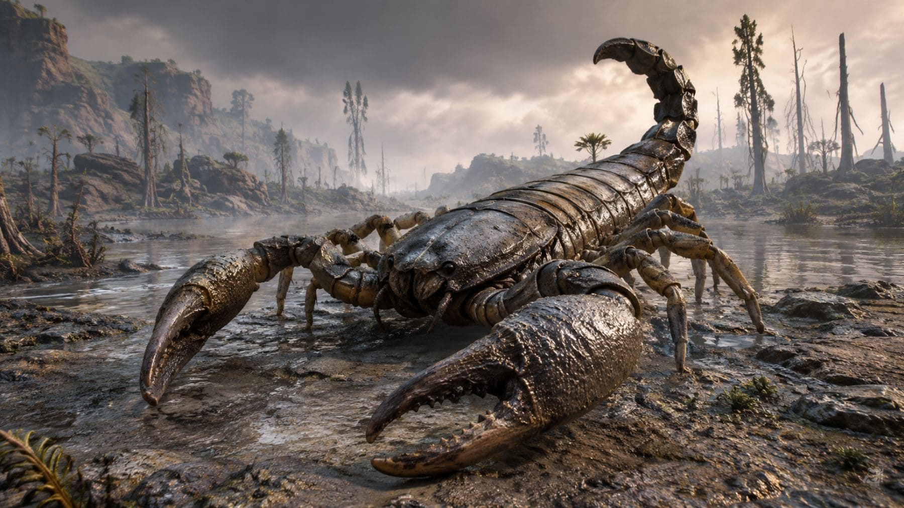 Reconstrucción realista de Praearcturus gigas, el escorpión más grande de la historia de la Tierra, de más de un metro de longitud.