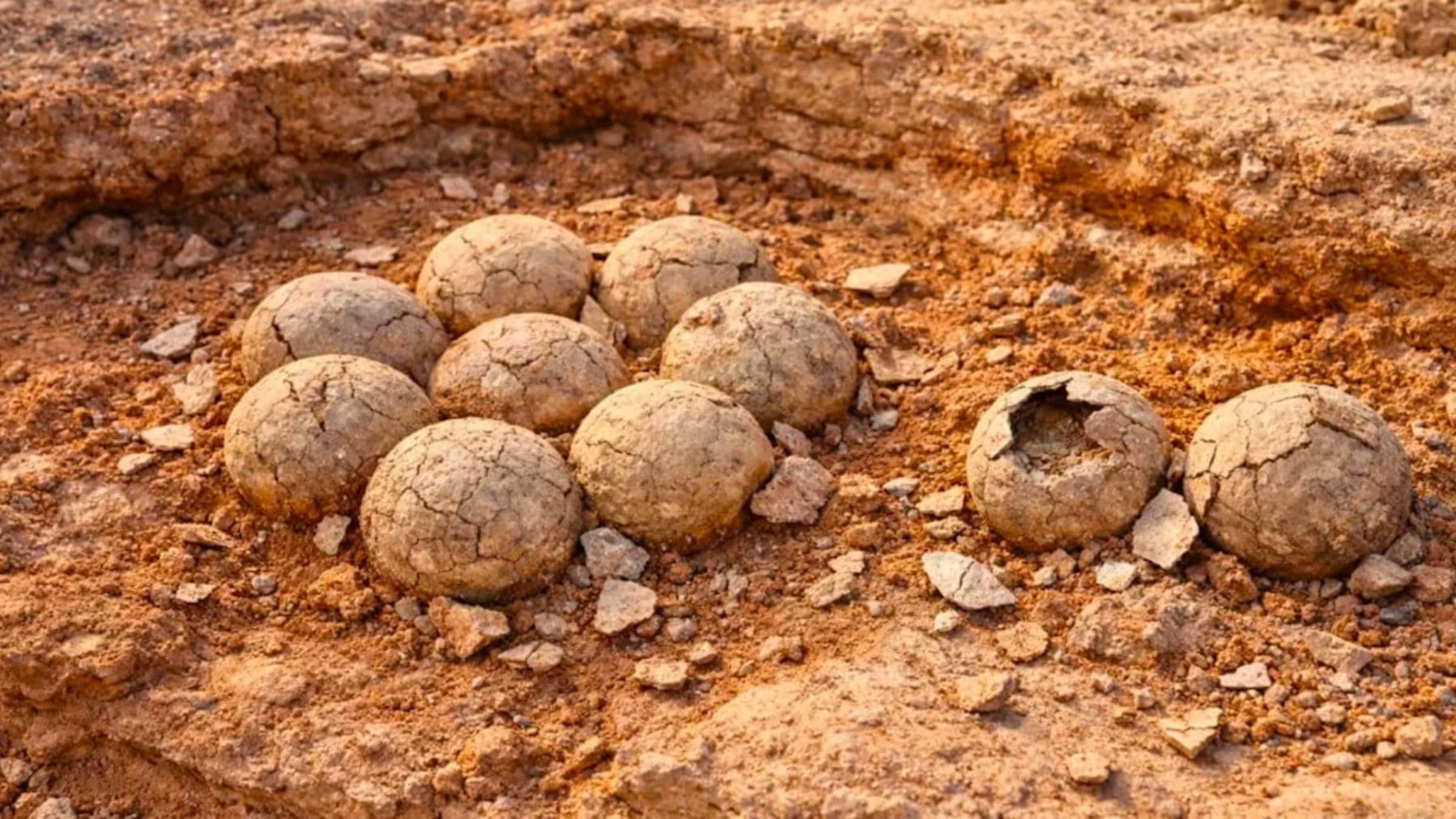 Huevos de dinosaurio fosilizados hallados en el yacimiento de Mèze, Francia, durante una excavación paleontológica.