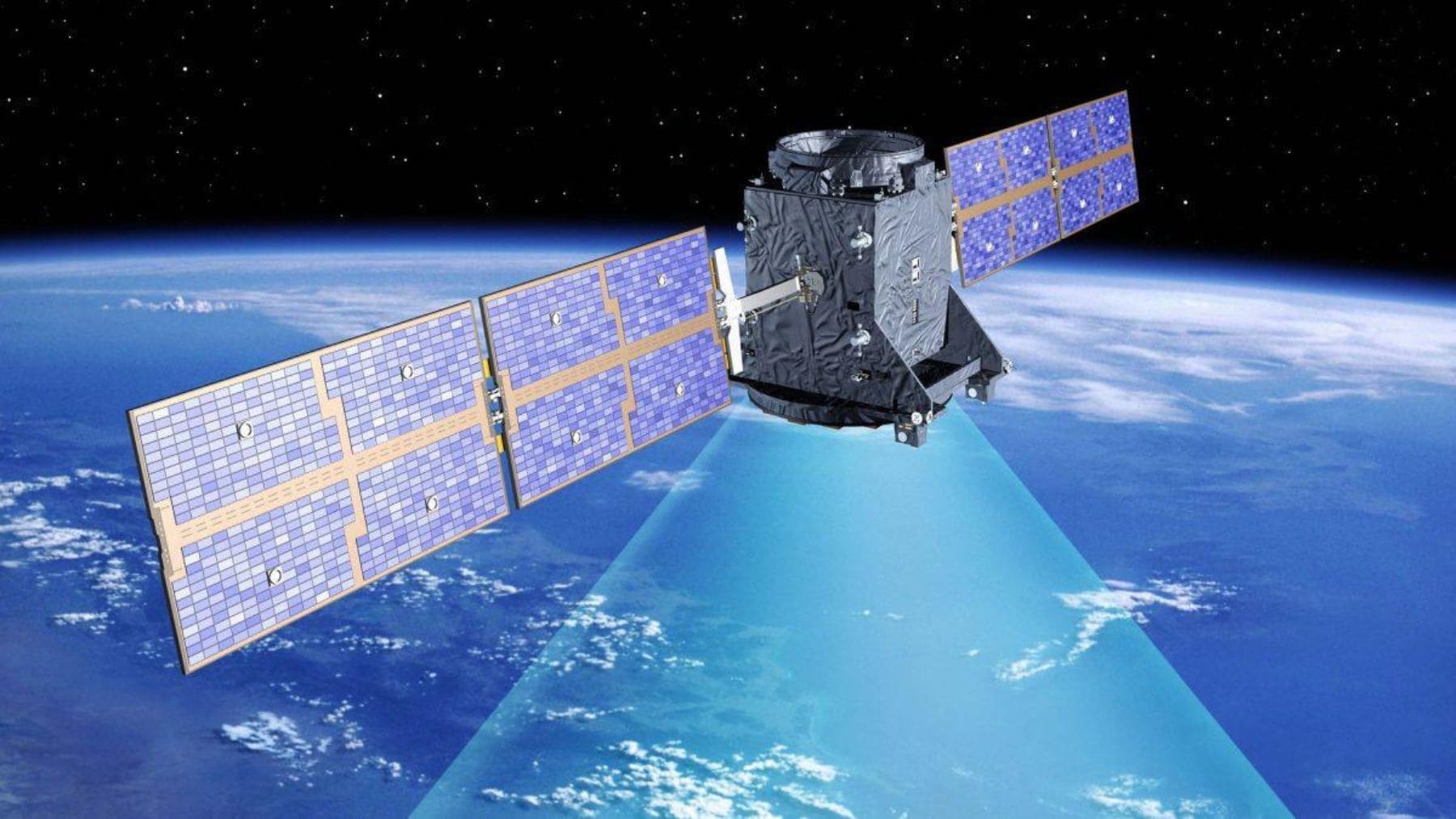 Representación de un satélite en órbita terrestre relacionada con la interferencia GPS detectada desde el espacio.