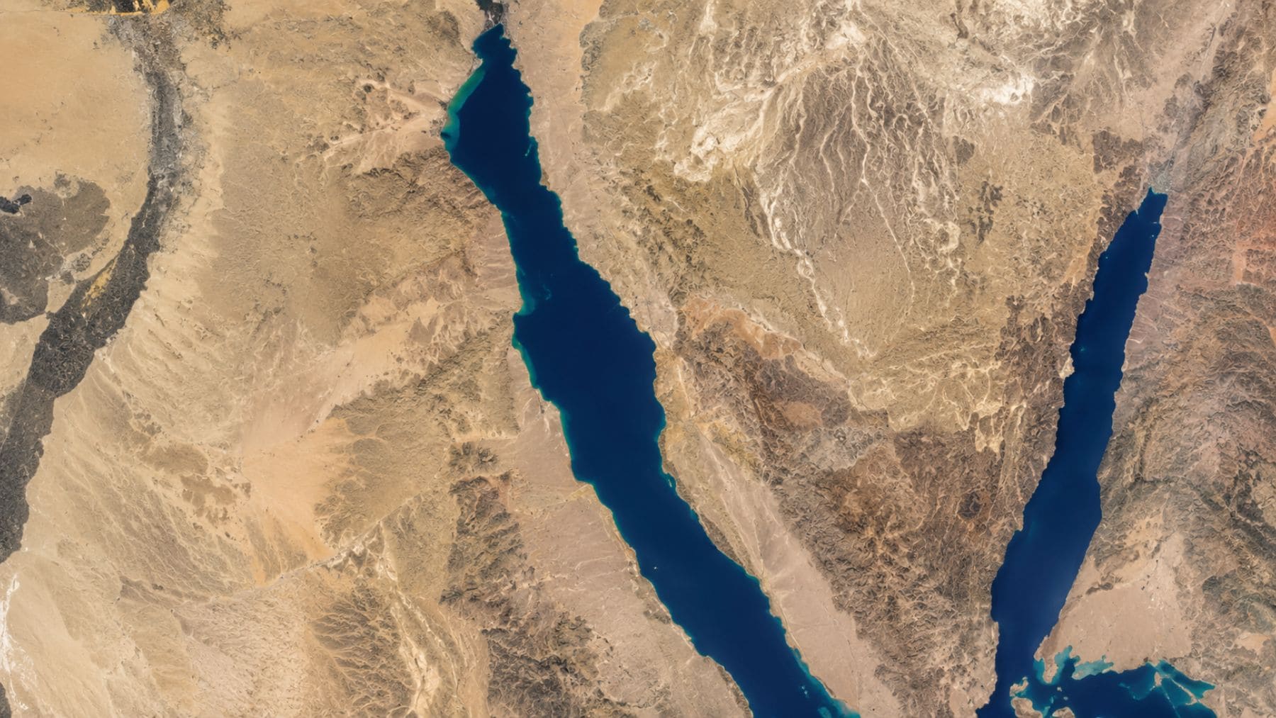 Vista satelital del Golfo de Suez, la grieta tectónica submarina que sigue separando las placas de África y Arabia