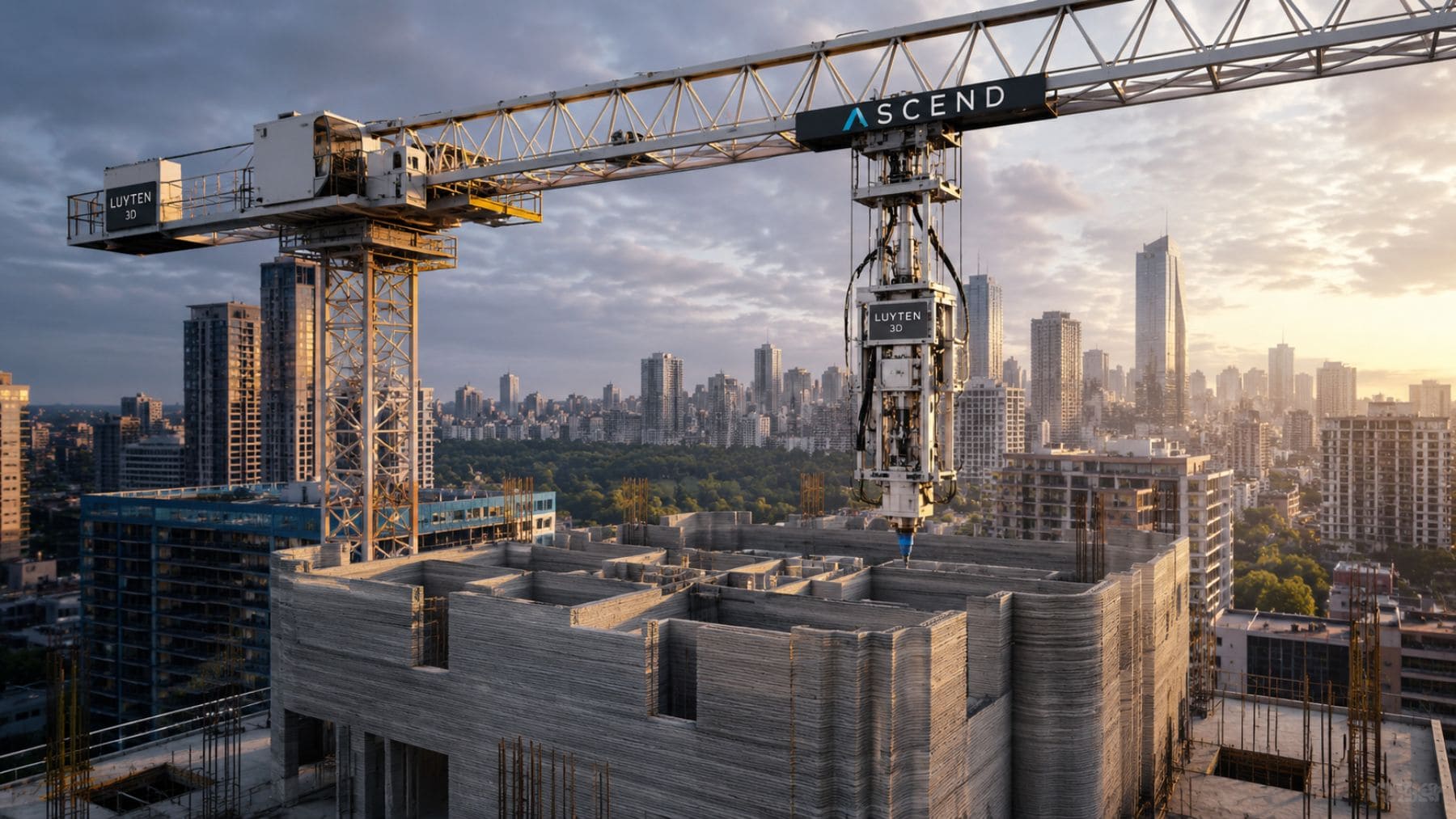 Grúa impresora 3D ASCEND A27 de Luyten construyendo un edificio de varias plantas con hormigón impreso.