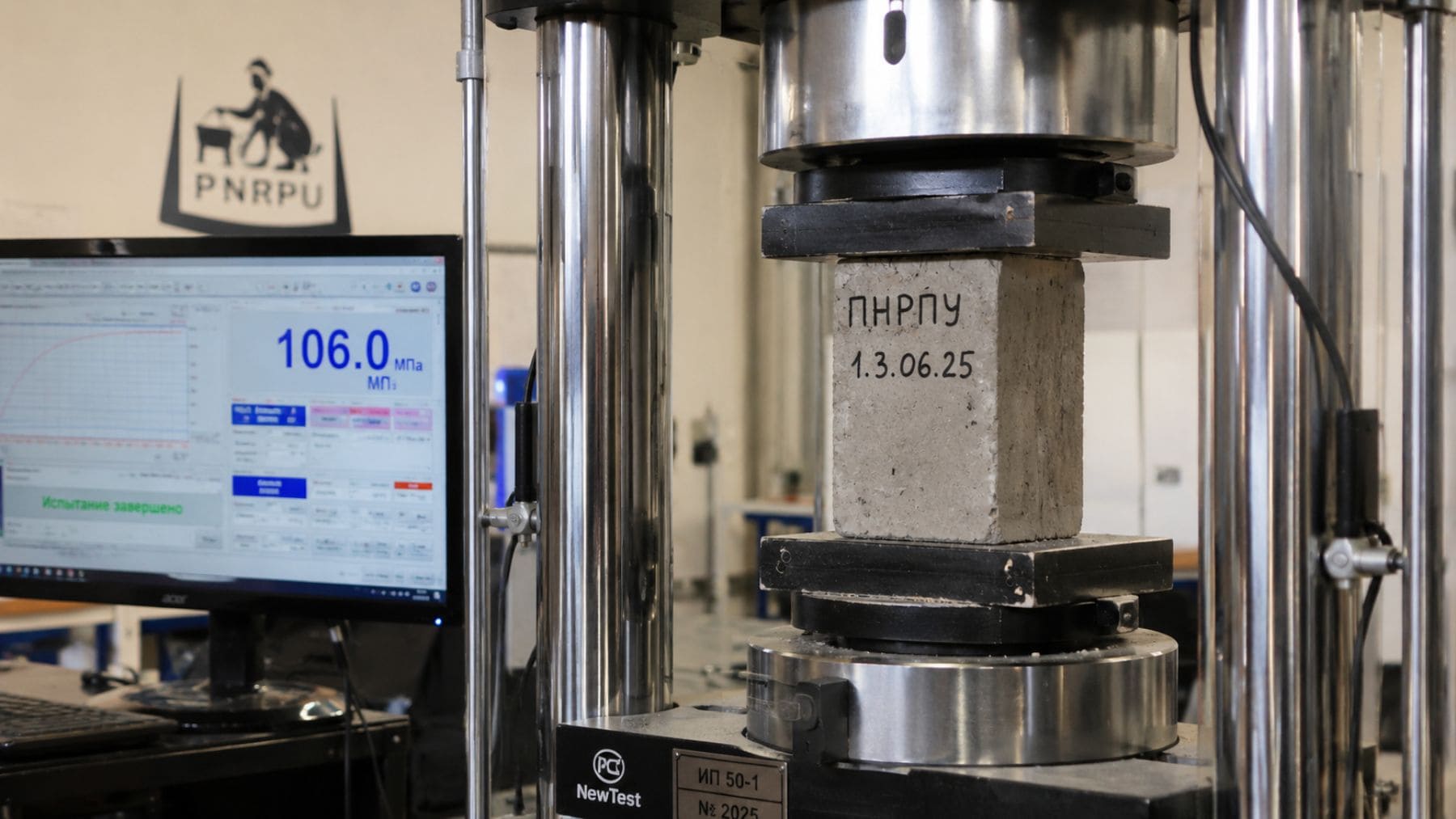 Ensayo de compresión de hormigón polimérico ruso que alcanza una resistencia de 106 MPa en laboratorio