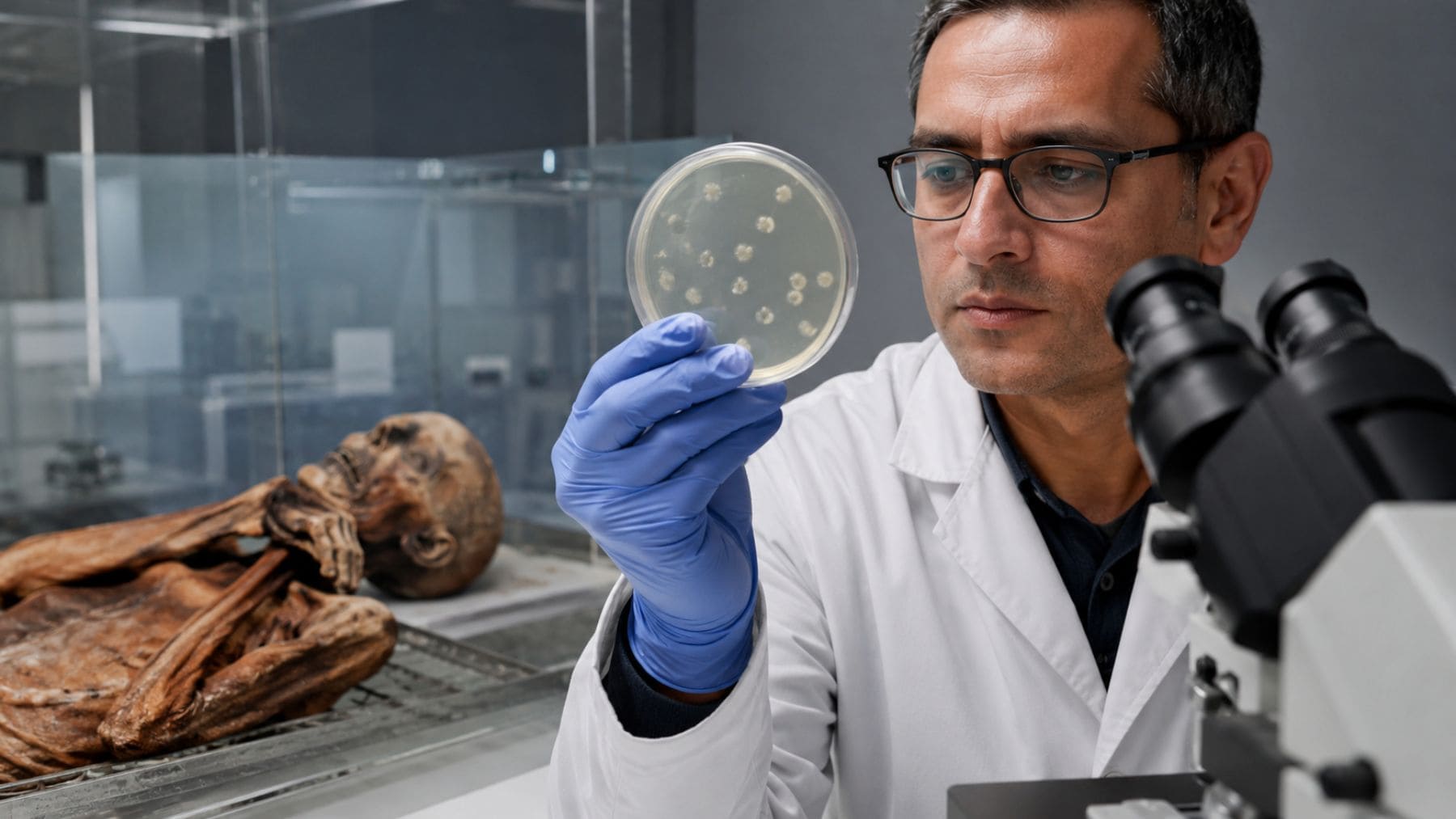 Científico analiza una levadura asociada a la momia Ötzi de 5.300 años utilizada para fermentar pan en laboratorio.