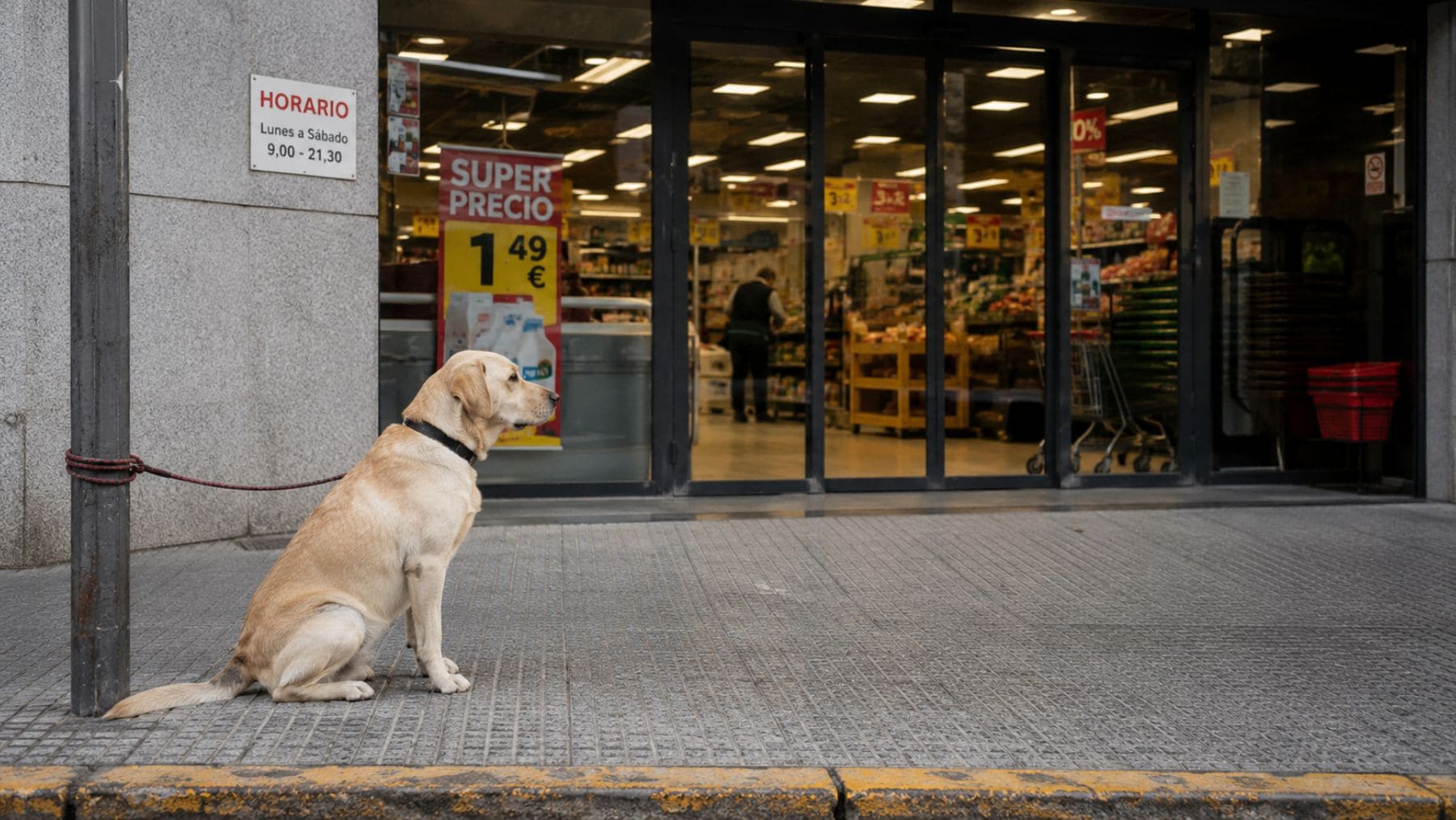 Perro atado solo en la puerta de un supermercado, conducta sancionable por la Ley de Bienestar Animal en España.