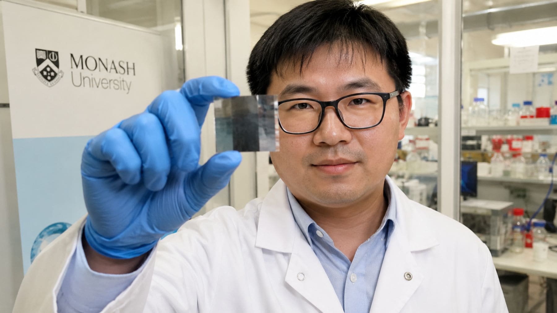 Investigador de la Universidad de Monash sostiene la nueva membrana ultrafina para pilas de combustible de hidrógeno