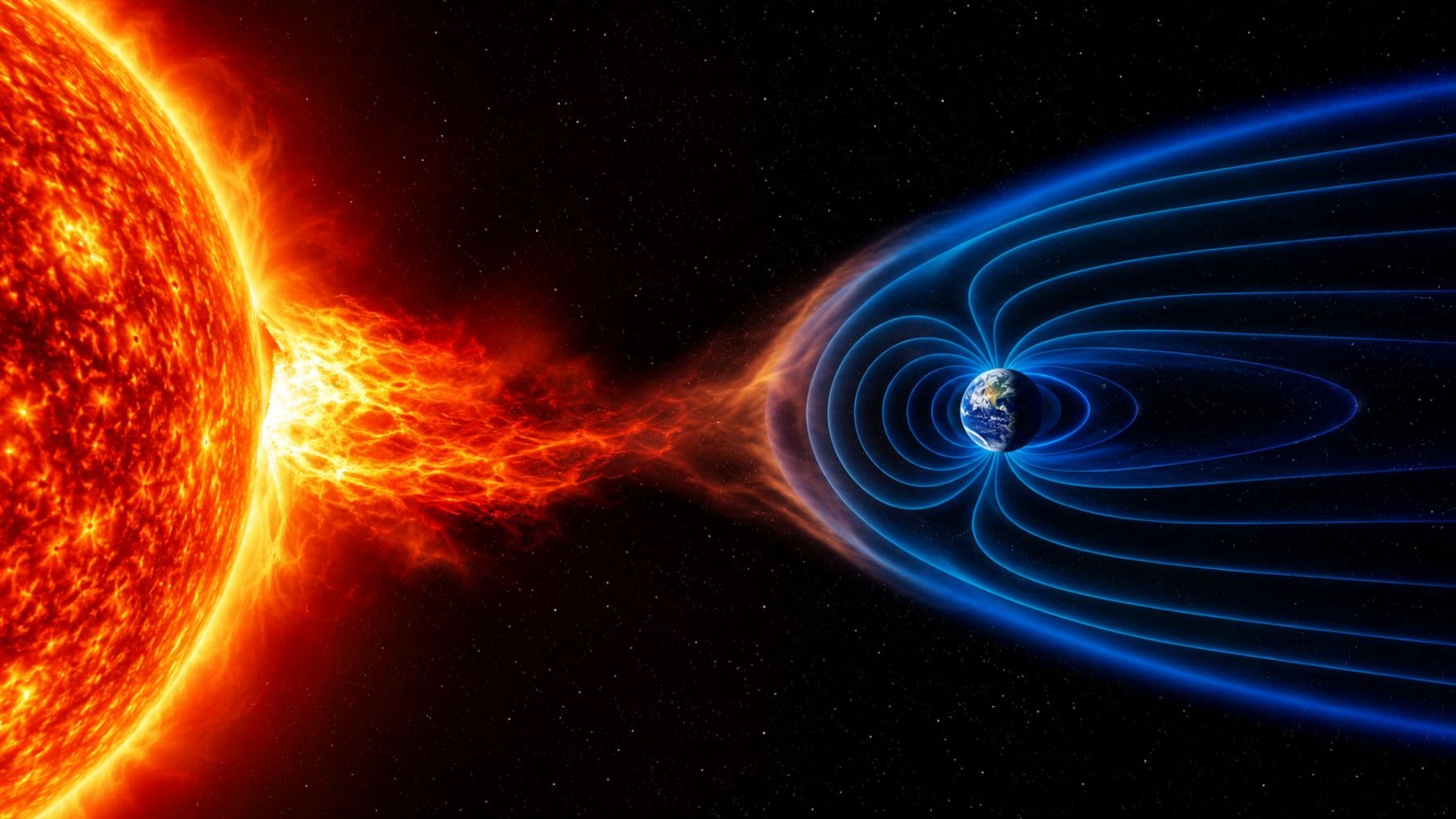 Representación de una tormenta solar impactando la magnetosfera terrestre, el escudo natural que protege la Tierra.
