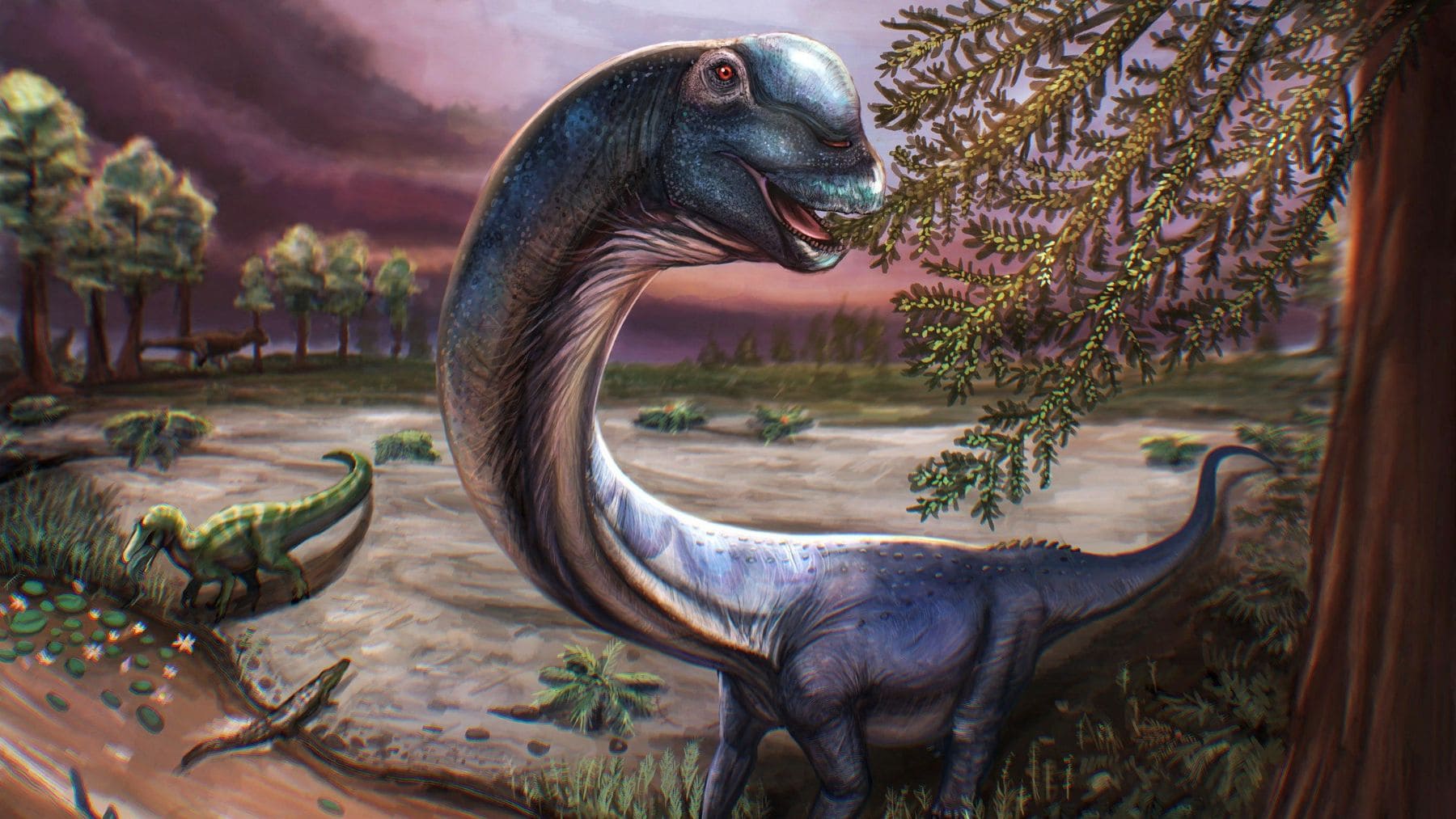 Reconstrucción artística del dinosaurio Nagatitan chaiyaphumensis, la nueva especie gigante descubierta en Tailandia.