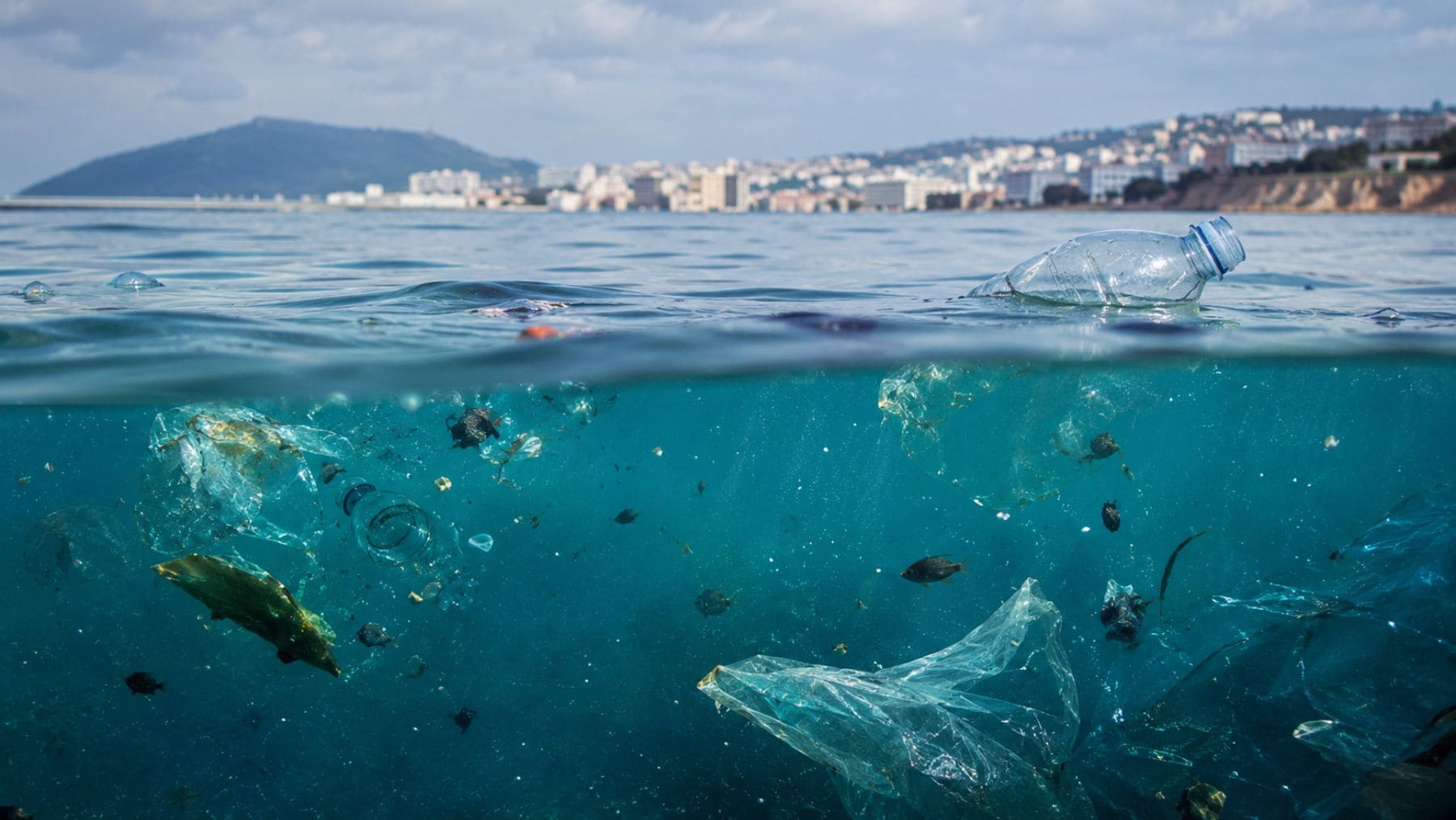 Contaminación marina por antibióticos y microplásticos en el océano frente a una zona costera urbana