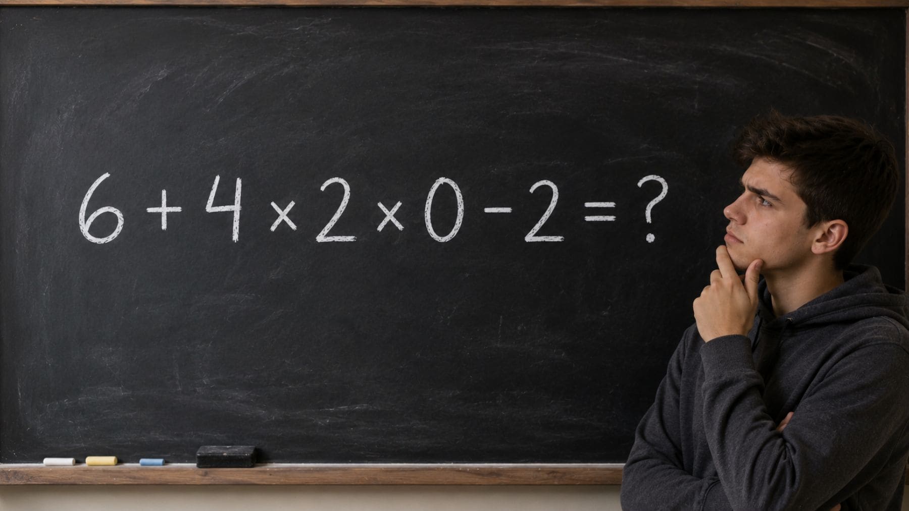 Persona pensando frente a una pizarra con la operación matemática 6 + 4 × 2 × 0 - 2.