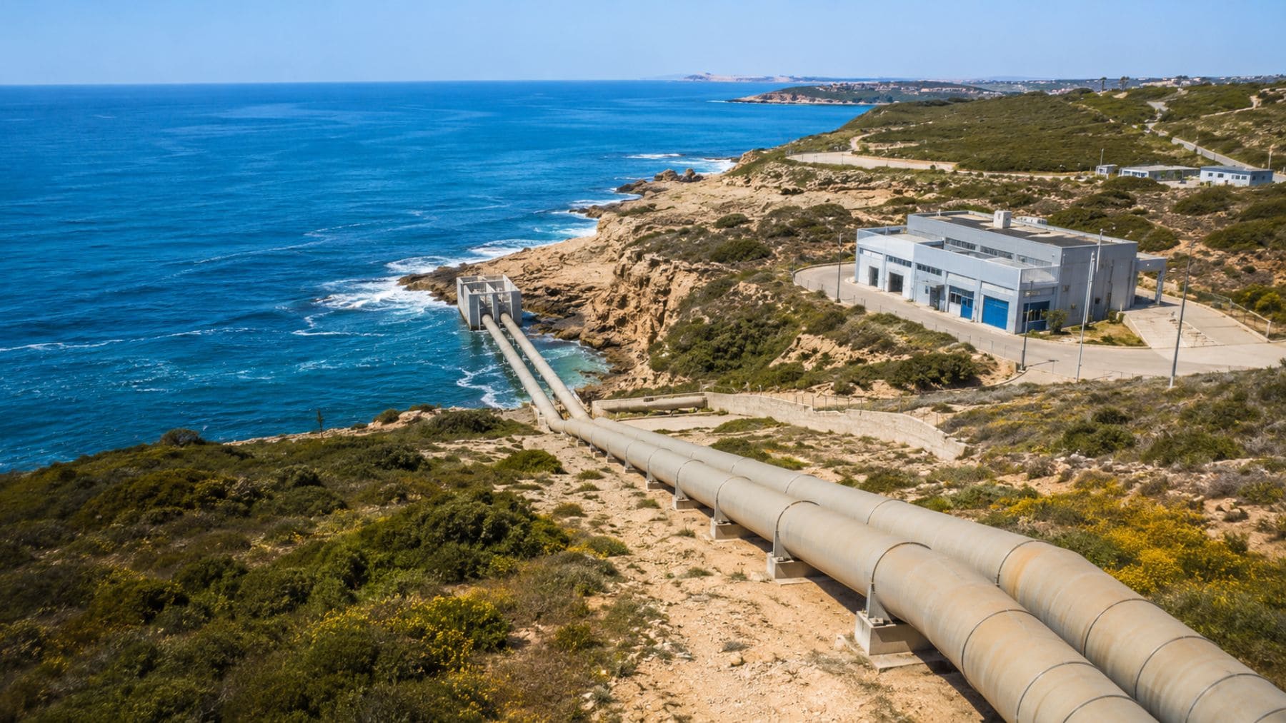 Dos grandes tuberías conectadas a una desalinizadora en la costa del Algarve para captar agua del océano Atlántico.