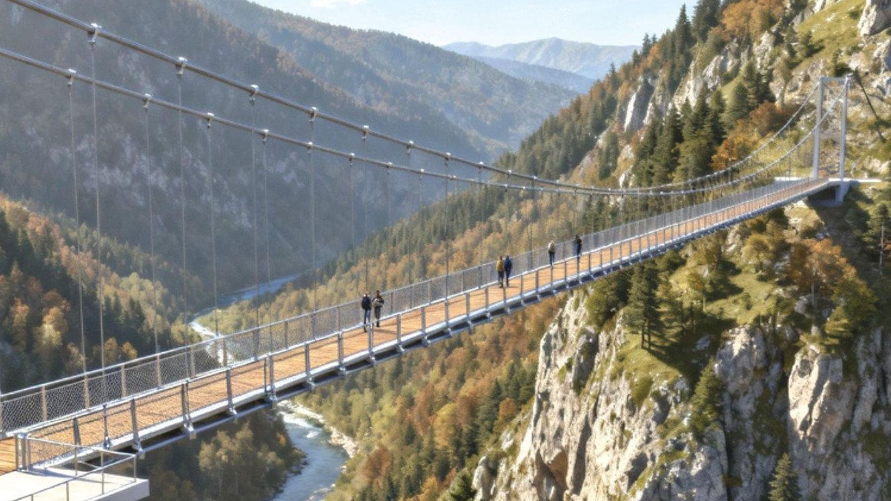 Render oficial del futuro puente colgante peatonal de Parva, en Rumanía, que aspira a ser el más alto de Europa sobre el valle de Rebra.