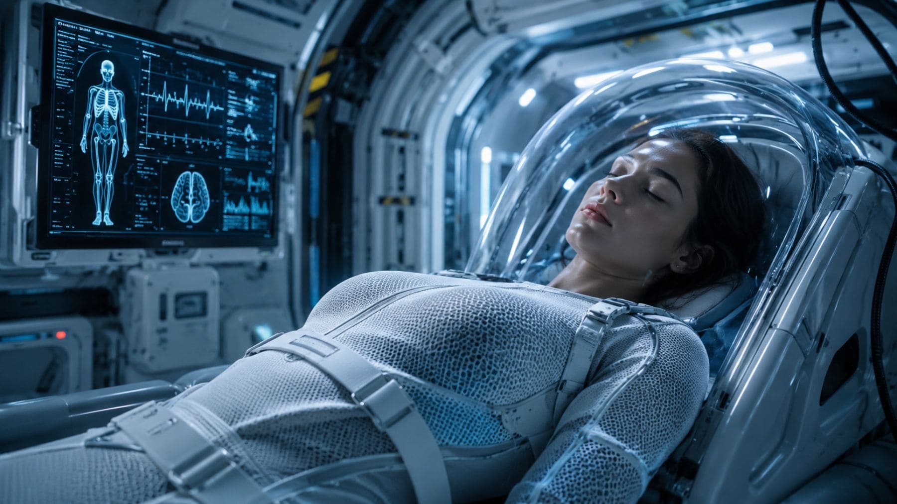 Mujer en estado de hibernación artificial dentro de una cápsula espacial inspirada en investigaciones sobre torpor y reloj circadiano