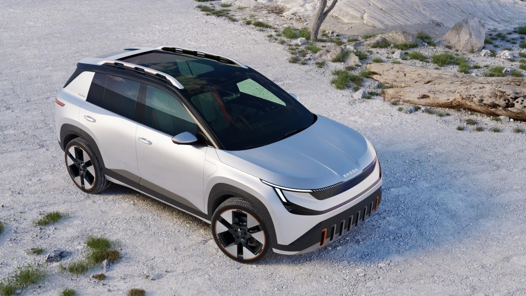 Skoda Epiq eléctrico blanco visto desde arriba durante su presentación oficial