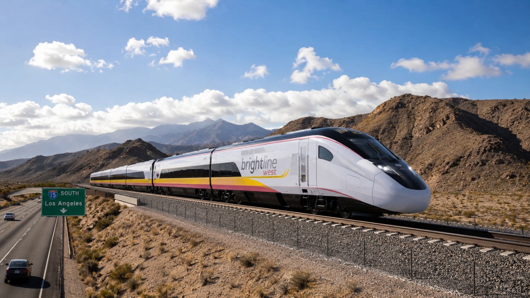 Tren de alta velocidad Brightline West circulando junto a la autopista I-15 entre Las Vegas y California