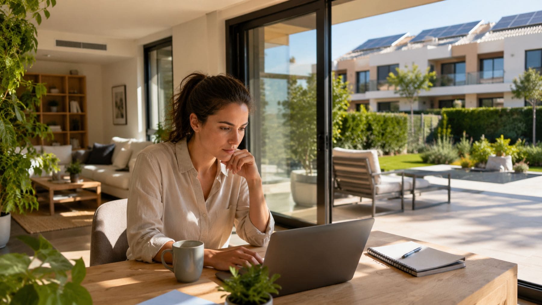 Mujer teletrabajando en una vivienda nueva sostenible con paneles solares y alta eficiencia energética