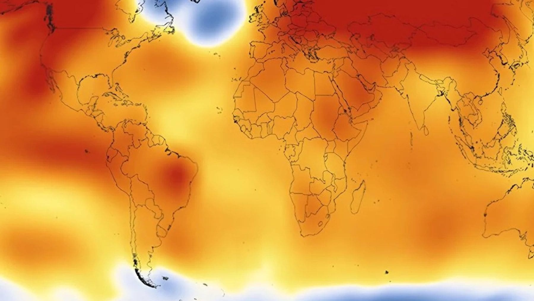 Mapa global de anomalías de temperatura con la mancha fría del Atlántico Norte entre Groenlandia e Islandia, asociada al debilitamiento de la AMOC.