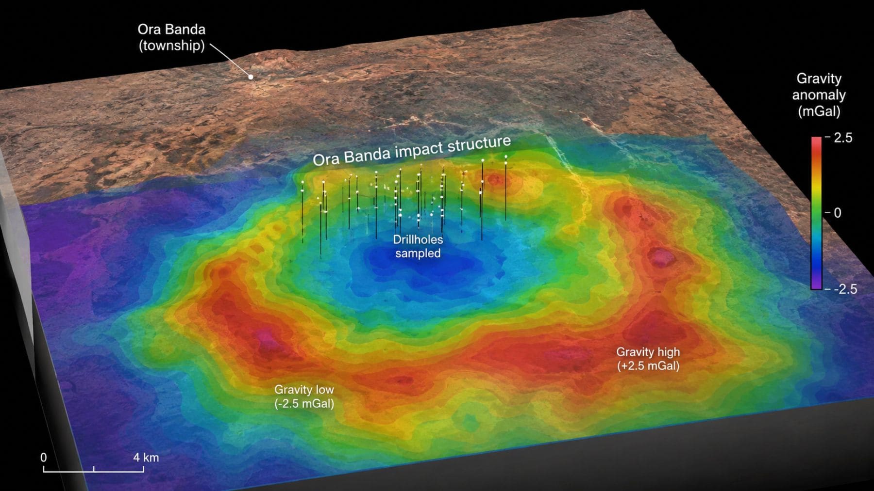 Mapa geológico de la estructura de impacto del cráter de meteorito de Ora Banda descubierto durante una exploración de oro en Australia Occidental.