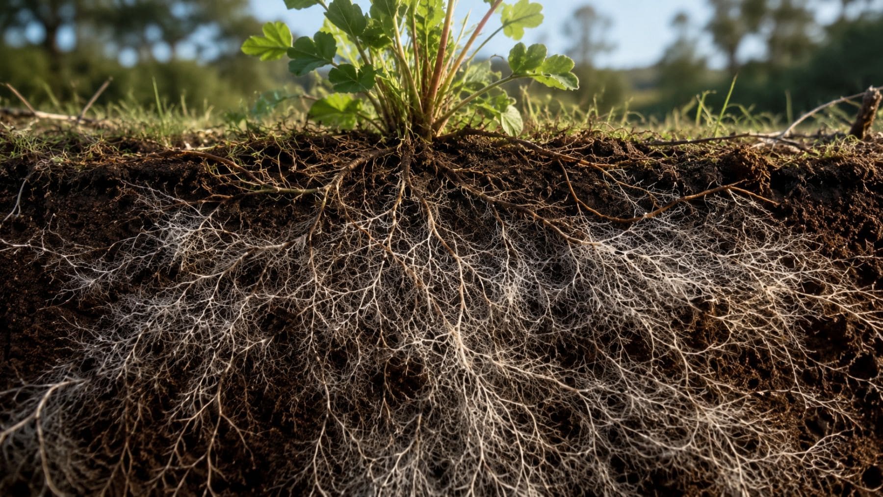 Ilustración realista de una red de hongos micorrícicos bajo el suelo conectada a las raíces de una planta y responsable del transporte de carbono.