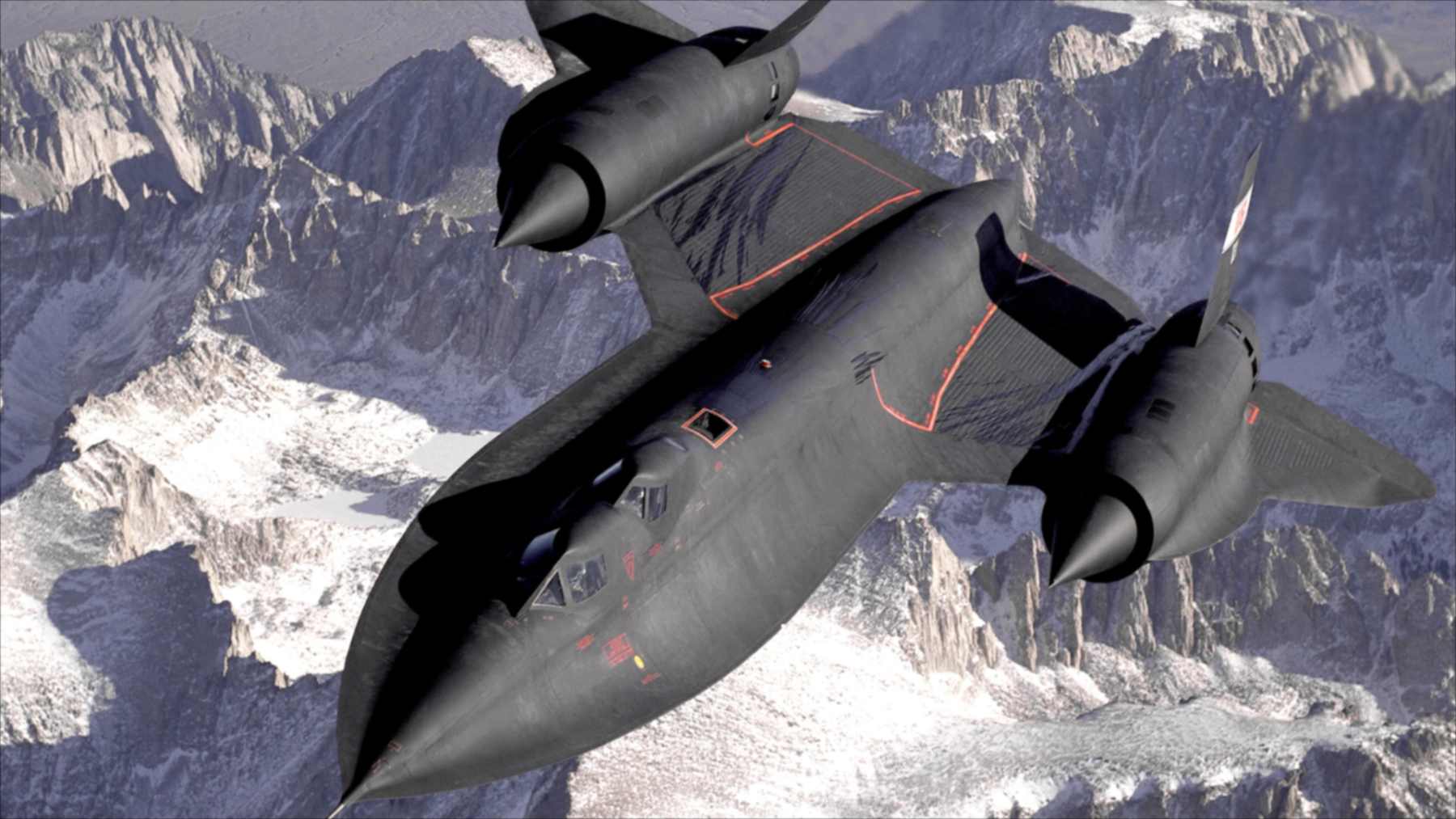 Un avión SR-71 Blackbird en vuelo sobre montañas nevadas