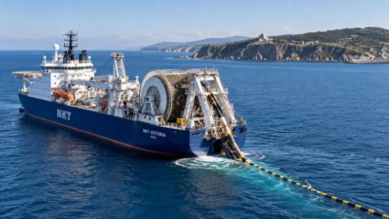 Buque NKT Victoria instalando un cable eléctrico submarino frente a la costa de Bizkaia