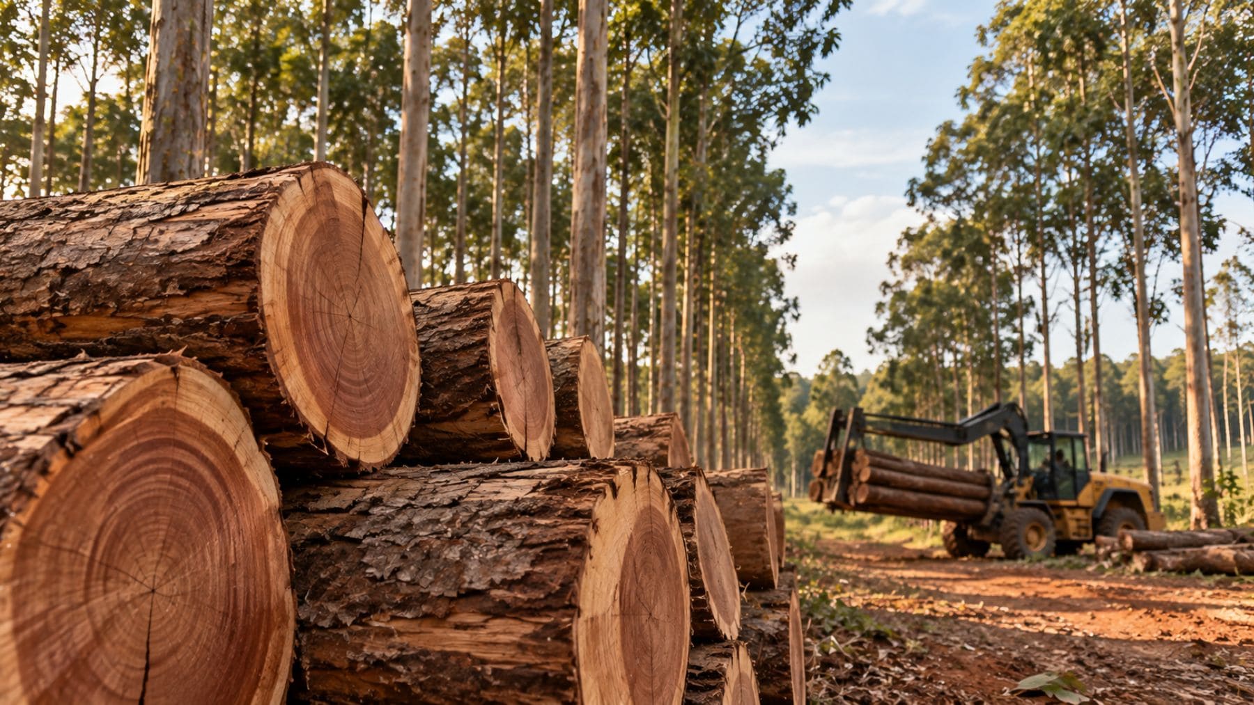 Troncos de madera recién cortados en una plantación forestal de Brasil