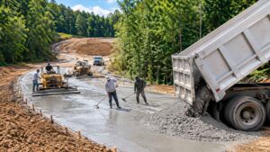 Trabajadores construyendo una carretera con una base de material reciclado en Kentucky