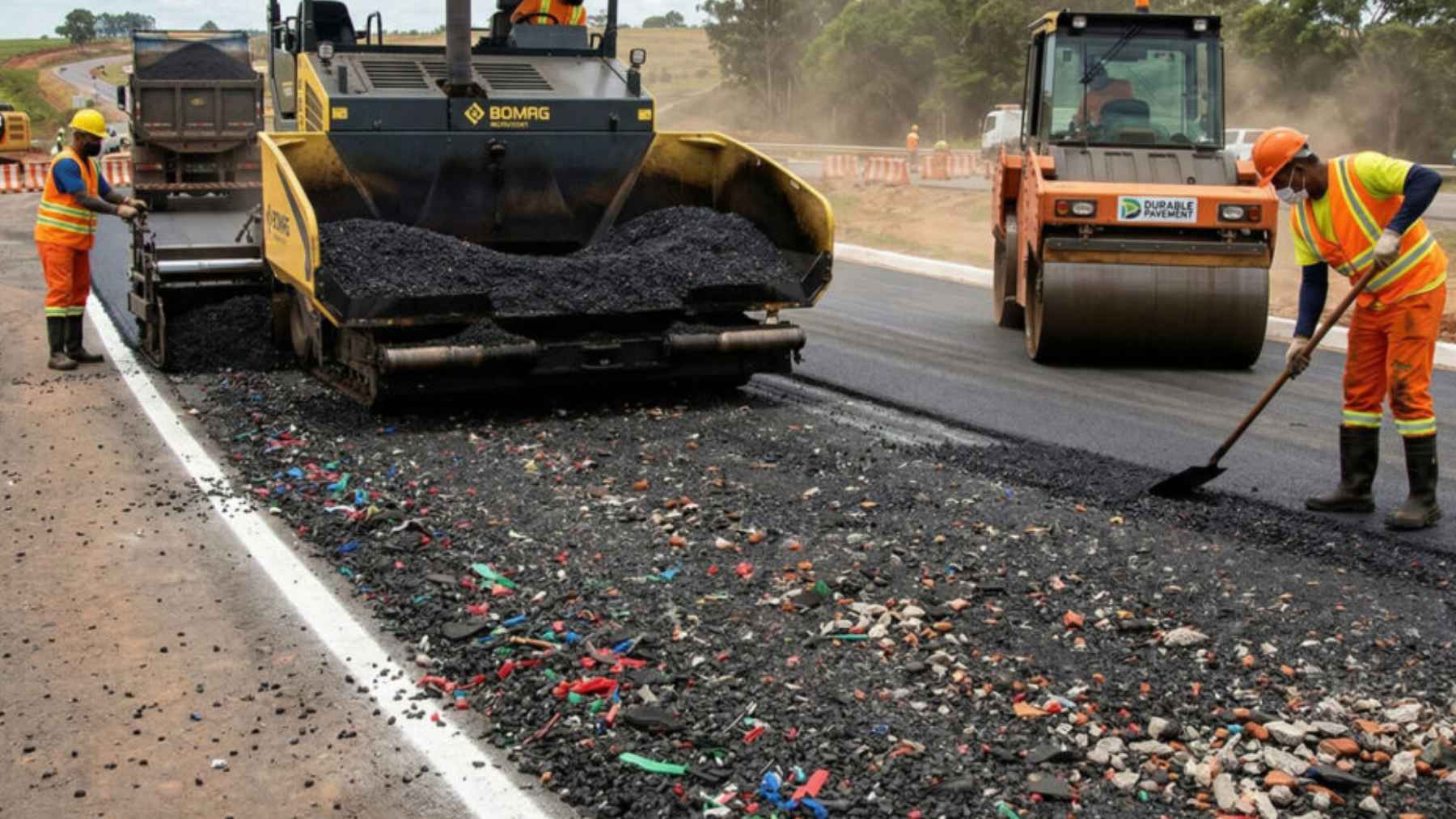 Trabajadores asfaltando una carretera con una mezcla que incorpora plástico reciclado