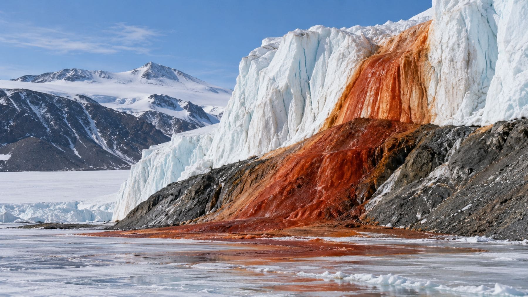 Cascadas de Sangre de la Antártida con salmuera rojiza emergiendo del glaciar Taylor