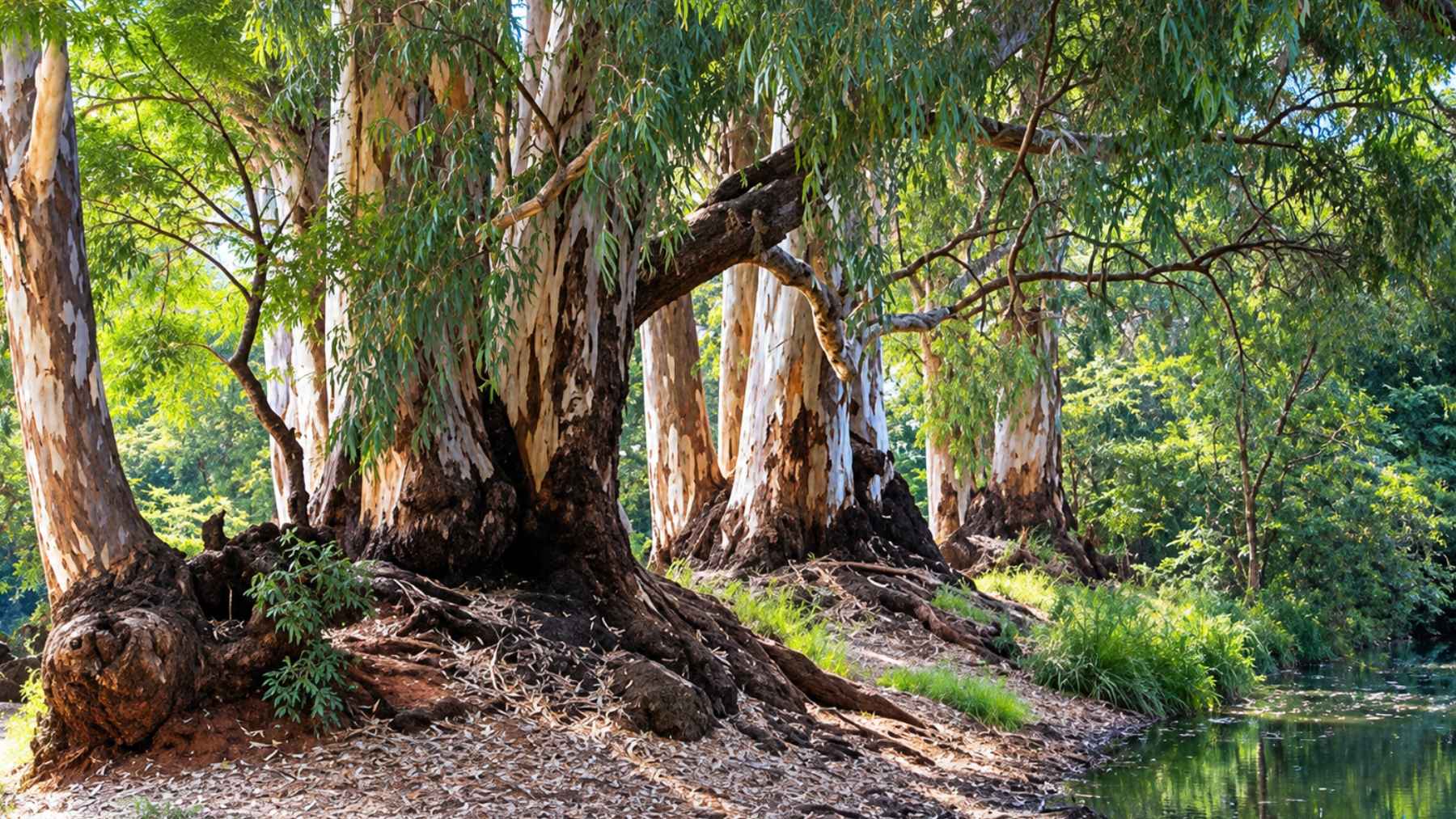 Eucaliptos creciendo junto a una zona húmeda en un paisaje australiano