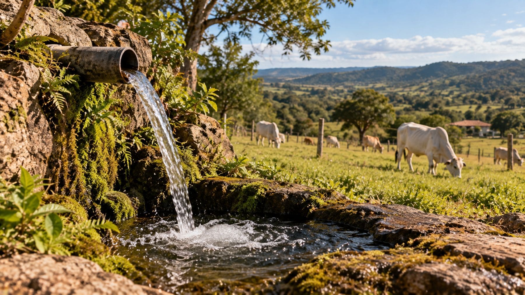Agua de un manantial natural canalizada mediante una tubería en una finca rural