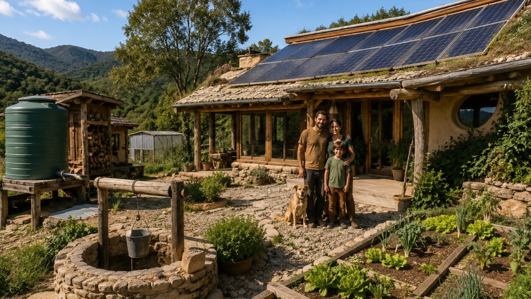 Finca autosuficiente con placas solares, huerto y vivienda construida con materiales naturales