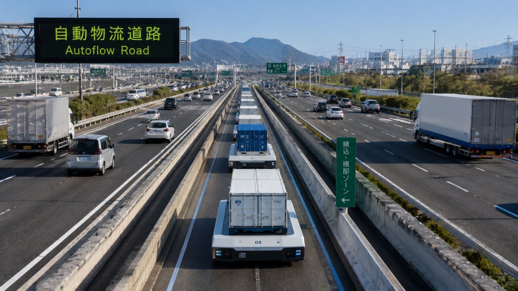 Recreación de Autoflow Road con vehículos autónomos de mercancías circulando por una autopista de Japón