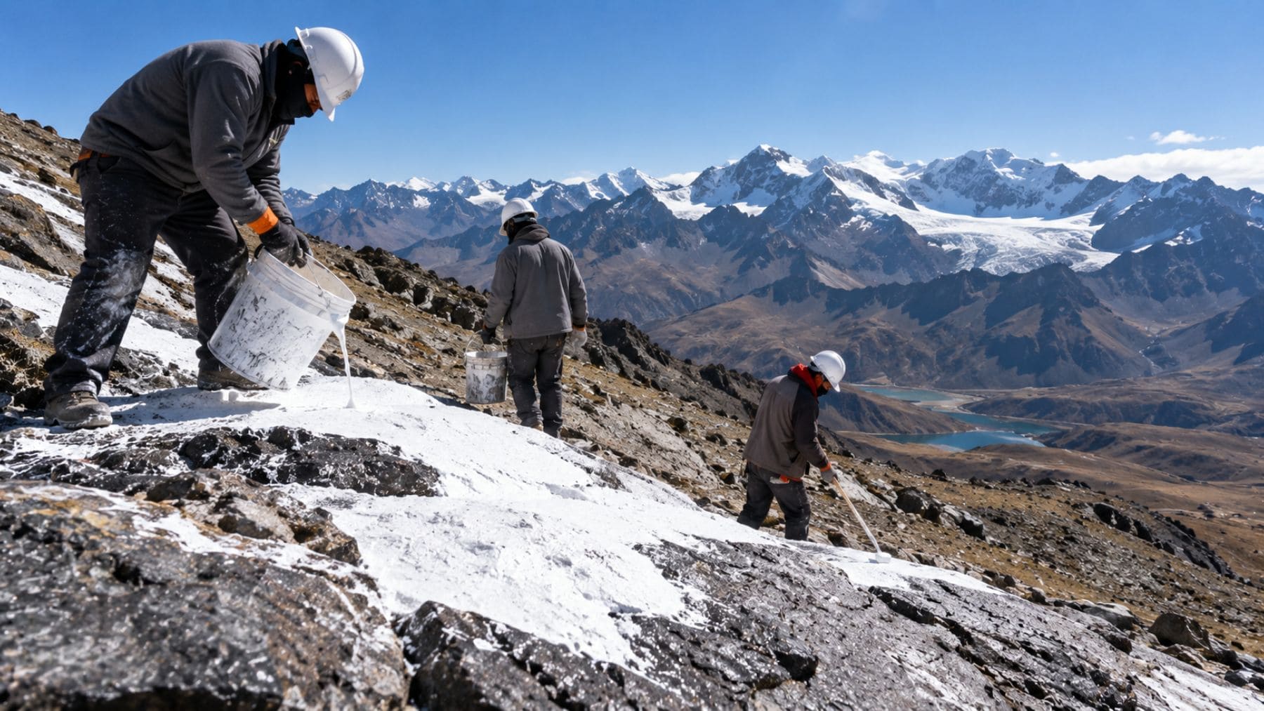 Trabajadores cubriendo de blanco las rocas de una montaña de Perú para reflejar la luz solar