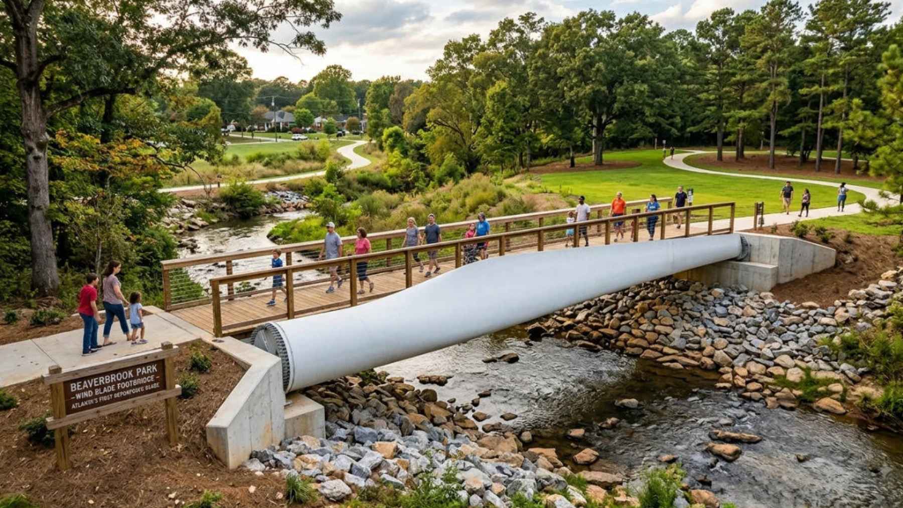 Puente peatonal construido con una pala de turbina eólica reutilizada como viga de carga en Atlanta