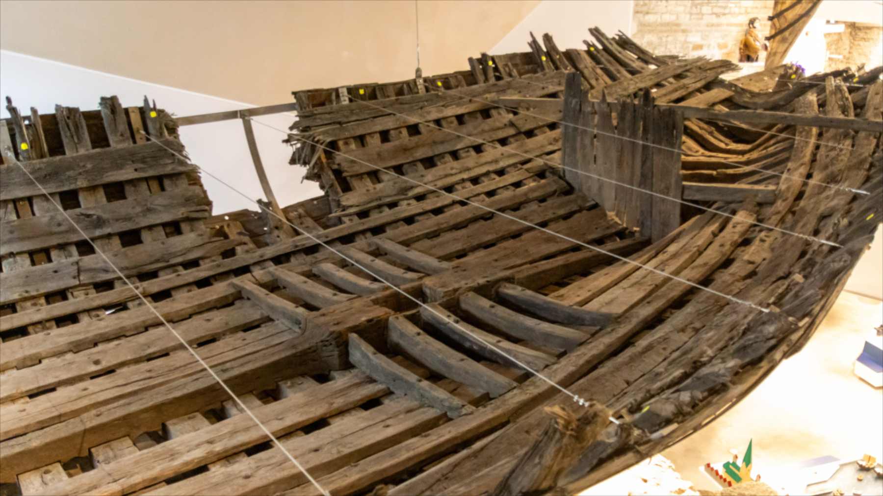 Restos de madera de un barco medieval expuestos en Tallin