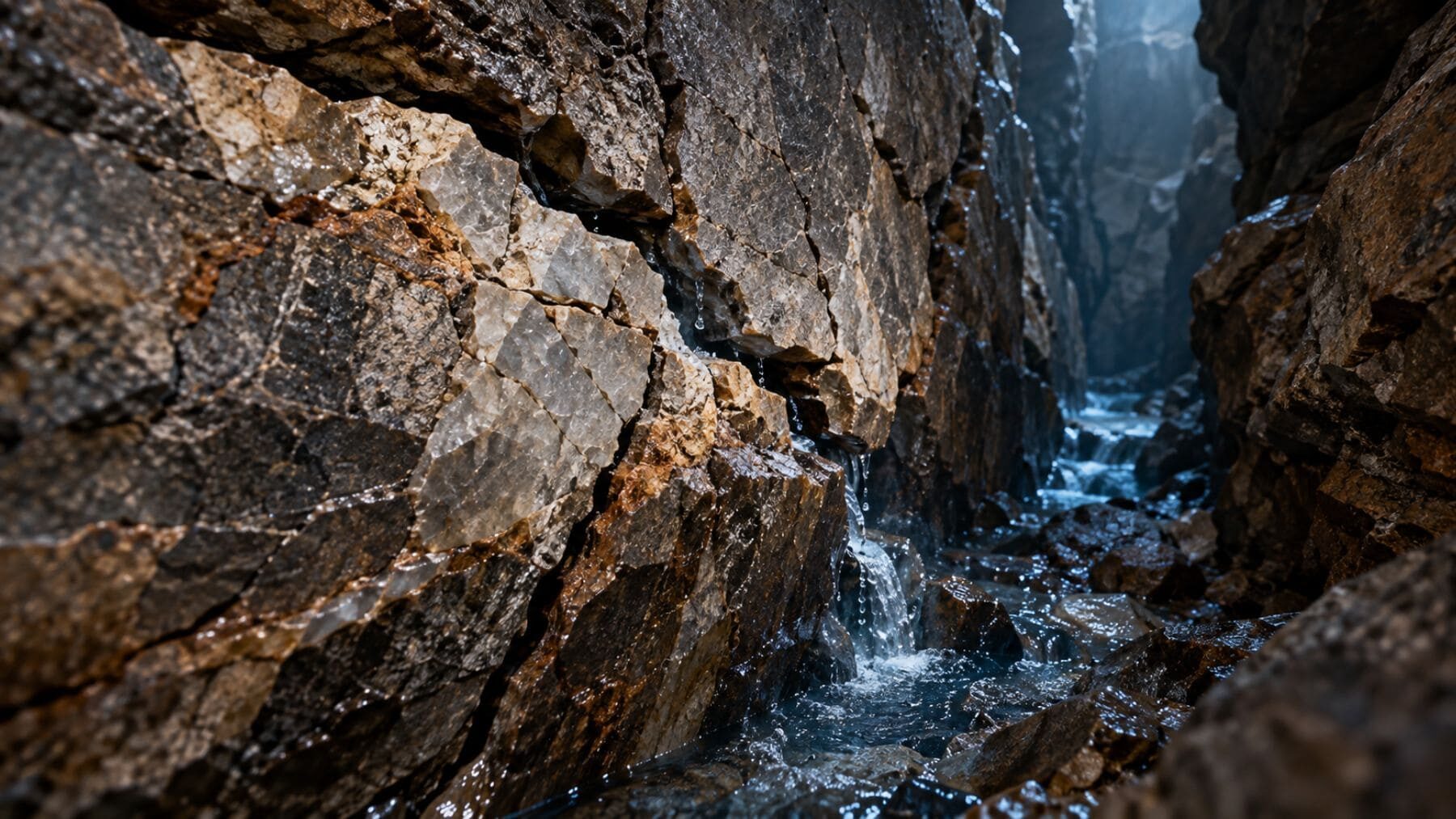 Roca fracturada por una falla geológica con agua circulando por sus grietas
