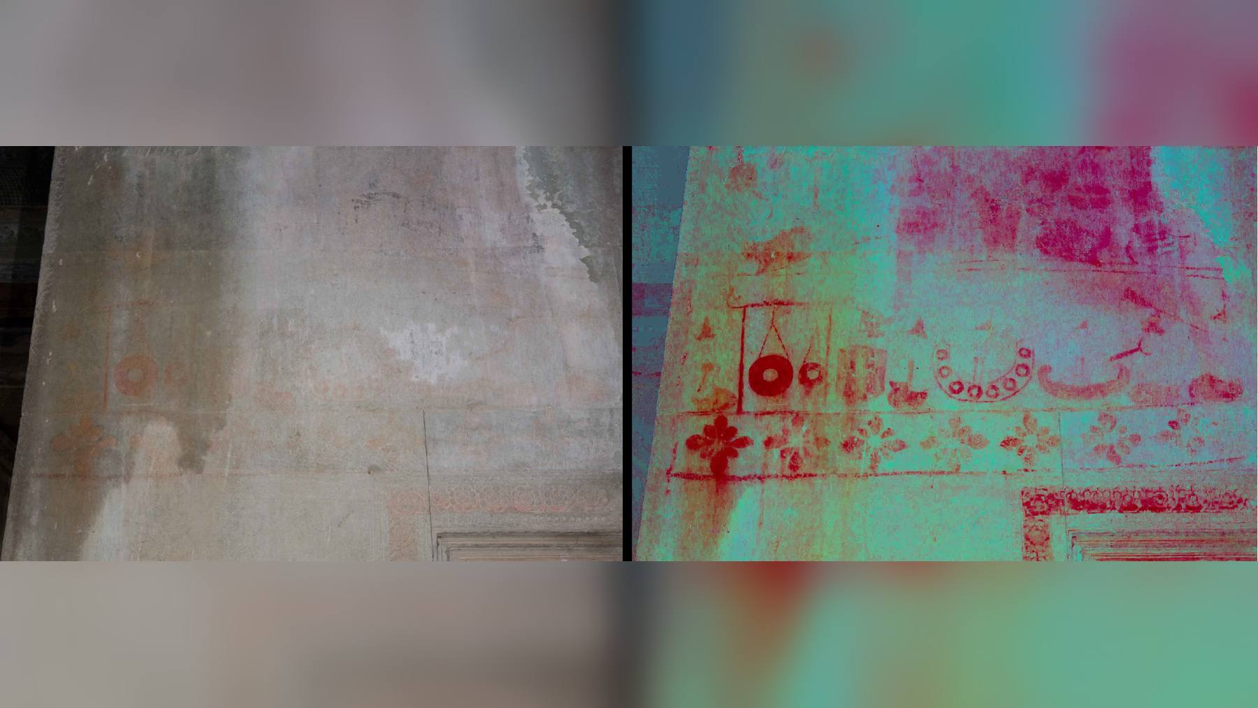 Pinturas ocultas en Angkor Wat antes y después de aplicar DStretch, basado en el algoritmo de la NASA