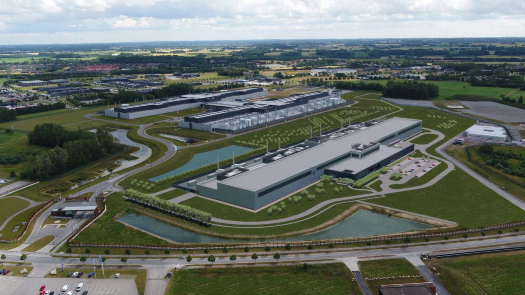 Vista aérea del centro de datos de Odense de Meta, con la ampliación recreada en primer plano