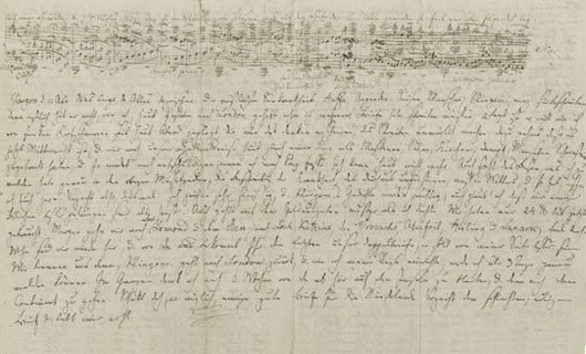 Carta manuscrita de Mendelssohn a su familia con los primeros compases de la obertura Las Hébridas