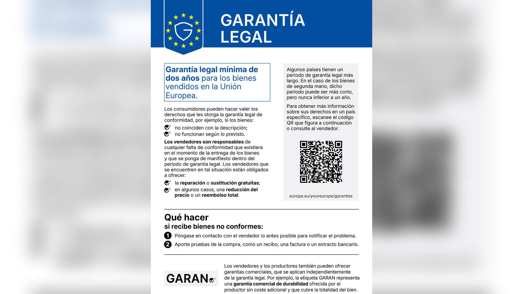Cartel oficial de la garantía legal de la UE en español
