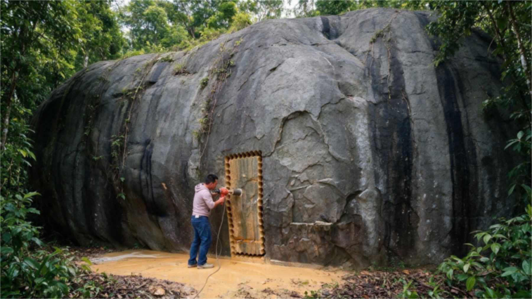 Entrada de la casa de dos plantas excavada en una pared de roca en Sichuan, rodeada de vegetación