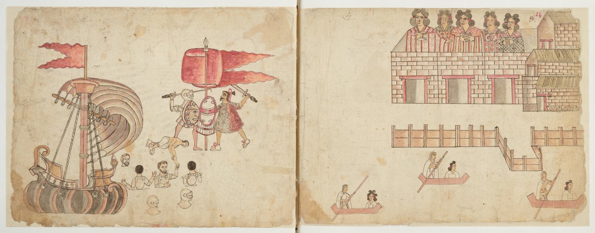 Folios 23v y 24r del Códice Azcatitlan con un barco, una escena de combate y canoas